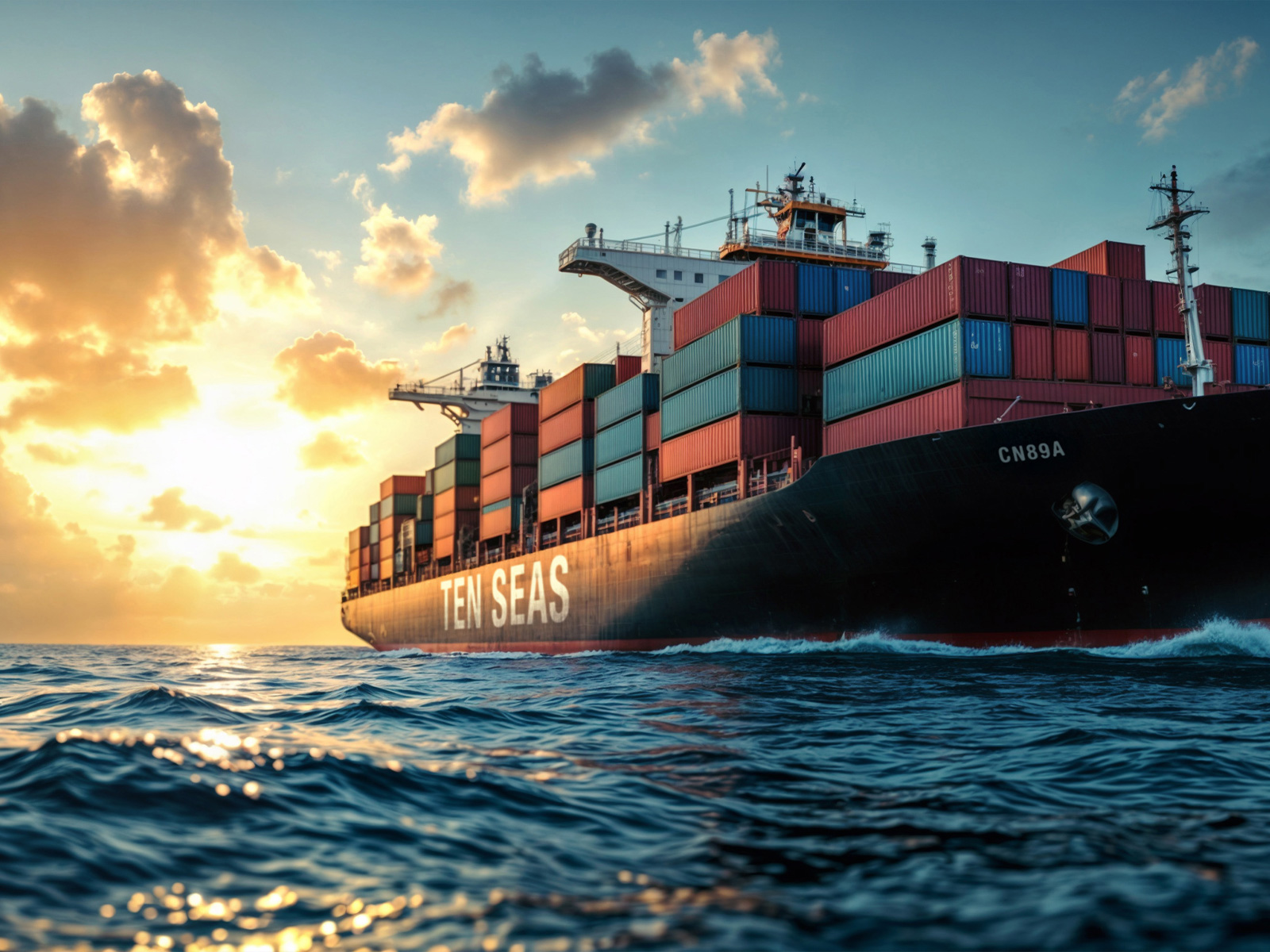 Großes Containerschiff mit gestapelten Frachtcontainern auf dem Meer bei Sonnenuntergang als Symbol für internationale Seefracht und Logistik.