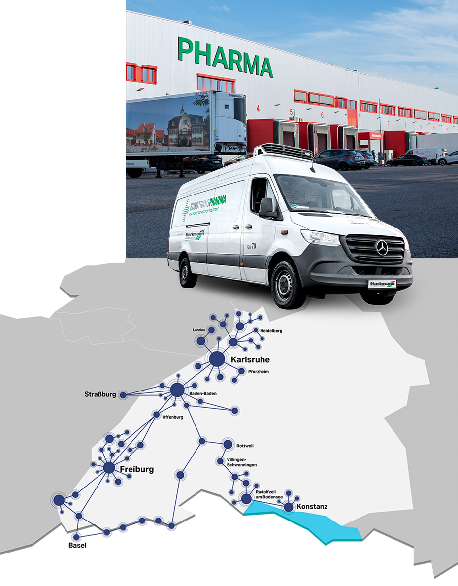 Pharmalogistikzentrum mit Transportfahrzeug von Hartmann und Karte des regionalen Pharmalogistik-Netzwerks zwischen Karlsruhe, Freiburg, Basel, Konstanz und Straßburg.