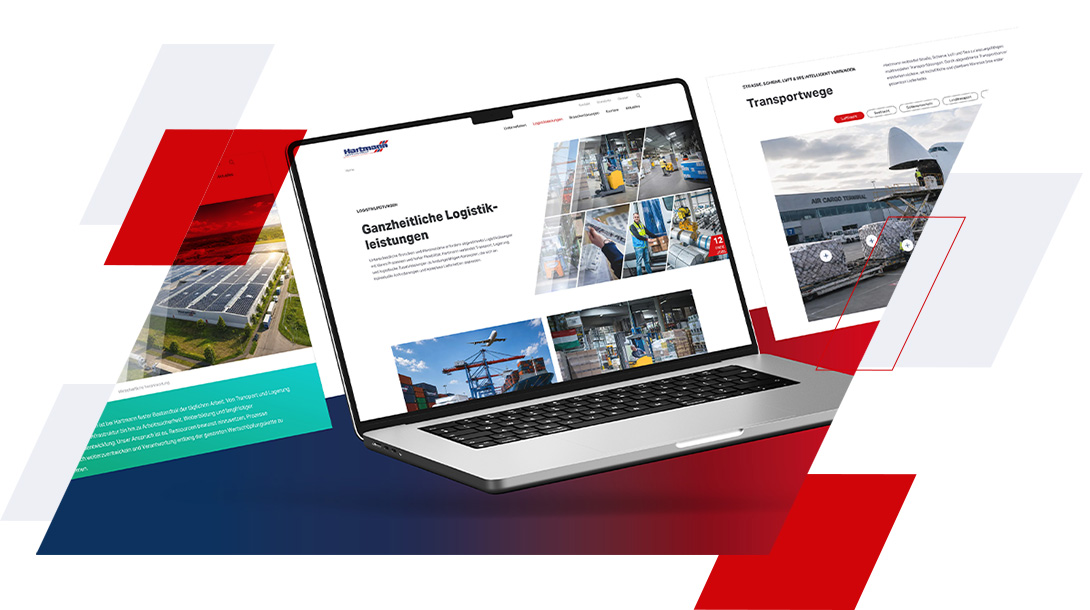 Laptop mit Darstellung der Logistikleistungen auf der neuen Hartmann Website, ergänzt durch weitere Ansichten der Transportlogistik und des Unternehmens.