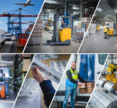 Collage verschiedener Logistikleistungen von Transport und Lagerung bis zur Kommissionierung.