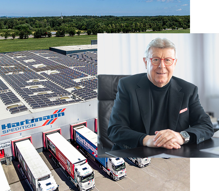 Collagenbild aus Portraitbild von CEO Hartmann im Vordergrund, im Hintergrund Drohnenaufnahme von Logistikhalle Hartmann Spedition